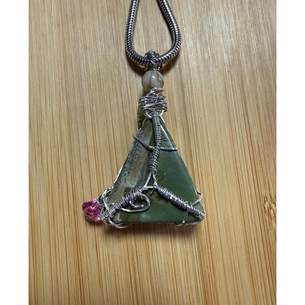 Vintage Trifari Snake Chain Necklace Handmade Jasper Wire Wrapped Pendant 22” - Picture 5 of 12